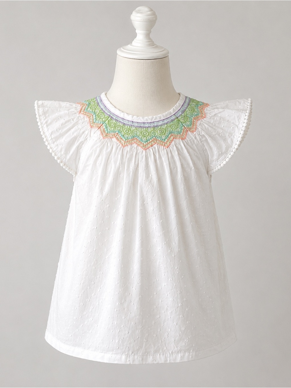 Nicole Miller White Blouse with Pastel Embroidered Yoke